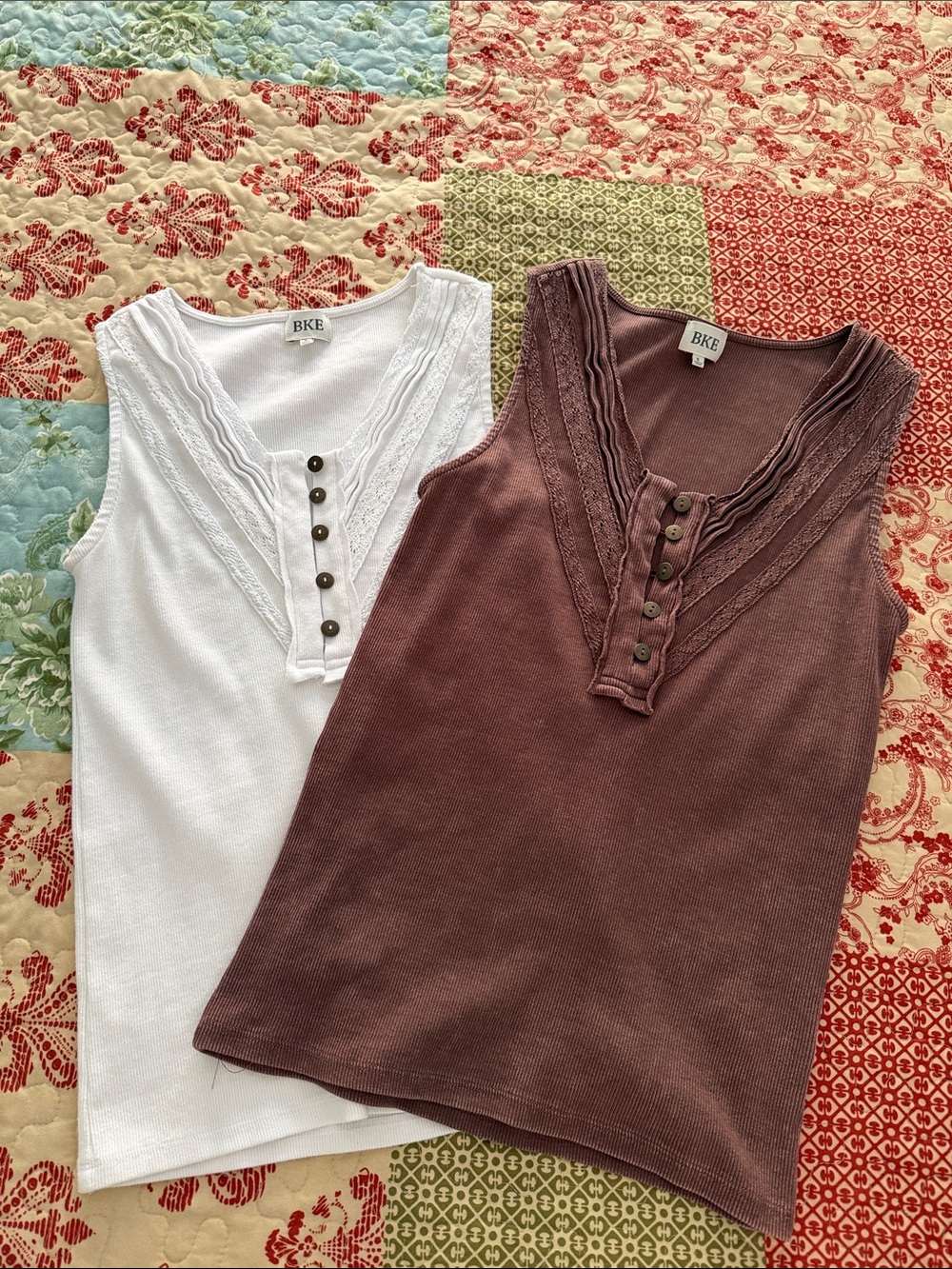 BKE Lace-Trim Henley Tank Top in White & Brown